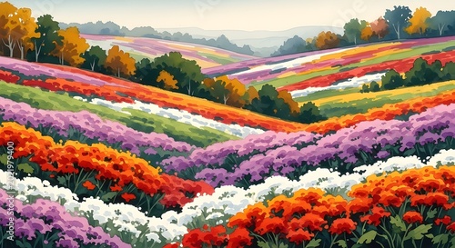 Vibrant Watercolor Painting Of Colorful Flower Fields On Rolling Hills In The Countryside
