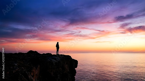 Person Silhouette Standing on Coastal Cliff Overlooking Vibrant Ocean Sunset Sky