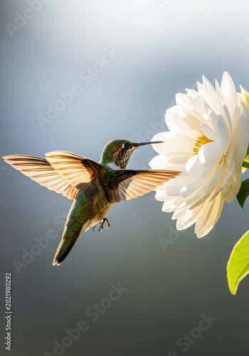 A stunning golden hummingbird hovers near a blooming white flower in the bright morning sunlight, displaying its vibrant wings in mid-air, vibrant, hovering, nectar