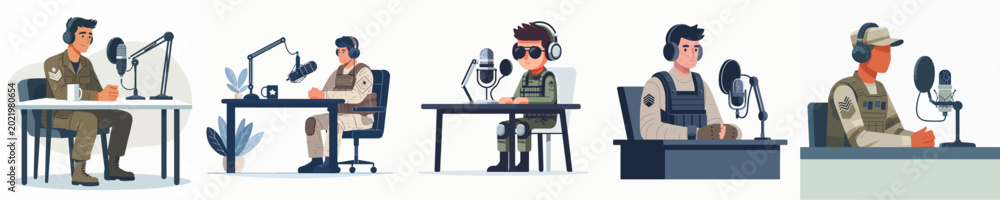 Naklejka premium soldier vector doing podcast at table