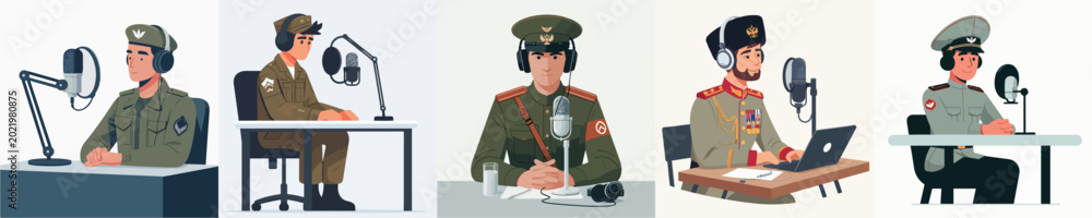 Naklejka premium soldier vector doing podcast at table