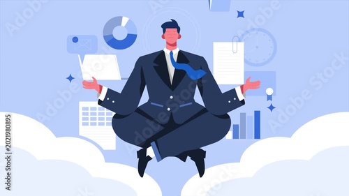 Businessman meditating in the office while balancing work tasks, productivity, and mental wellness in a flat business illustration scene