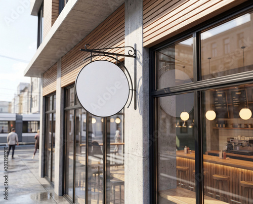 Minimalist Coffee Shop Exterior with Empty Circular Signage Mockup