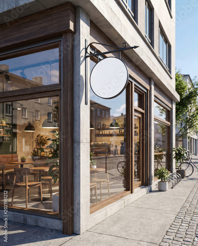 Modern Cafe Exterior with Blank Round Hanging Signboard Mockup on Urban Street