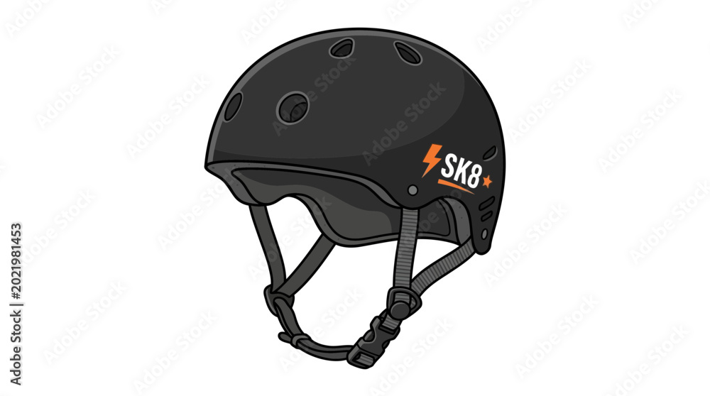Fototapeta premium Black skateboard helmet with orange lightning bolt logo and SK8 text
