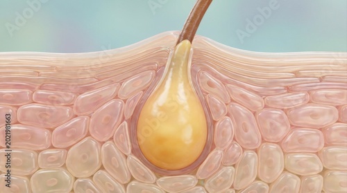 A detailed microscopic view of a human hair follicle embedded in skin layers, showcasing the hair shaft and bulb structure.