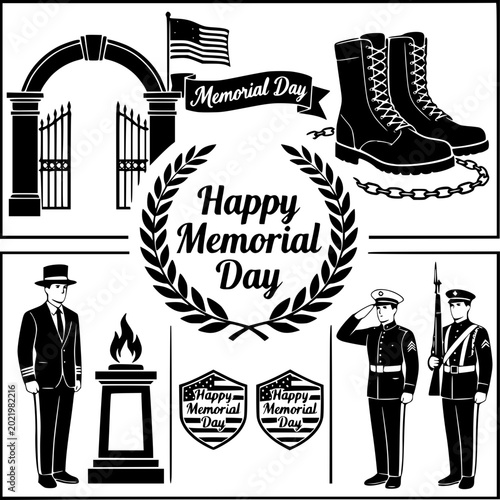 Symbols of Remembrance: A collection of symbolic elements honoring Memorial Day. This illustration features a gate, American flag, laurel wreath, and military figures, all in striking black and white