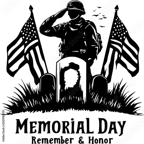 Honoring the Fallen: A soldier salutes a tombstone, flanked by the stars and stripes, commemorating Memorial Day with solemn respect.