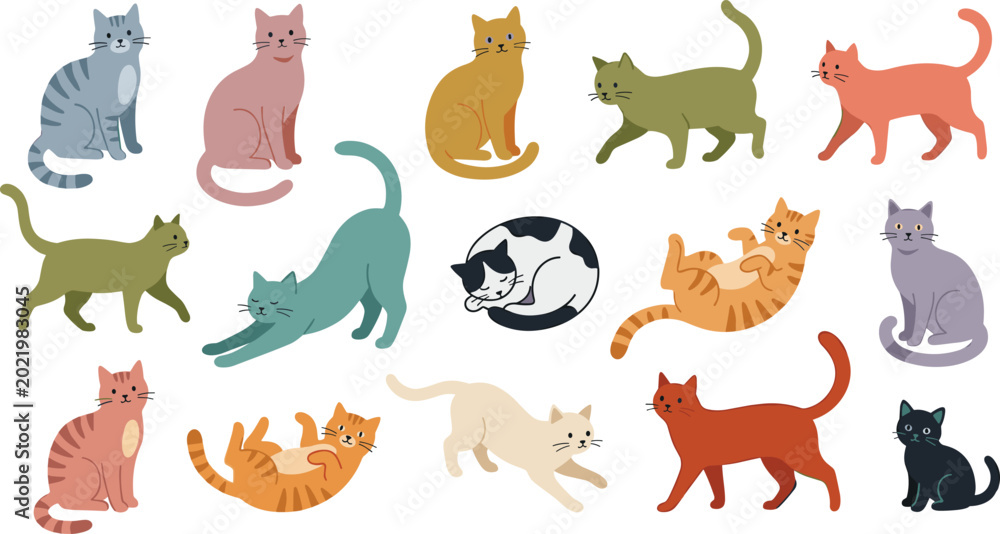 Fototapeta premium Large Collection of Diverse Cartoon Cat Characters in Various Poses Including Stretching Sleeping and Walking for Pet Care Branding Creative Stickers and Childrens Pattern Designs