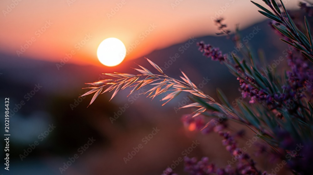 Fototapeta premium Golden Sunset Over Serene Landscape with Delicate Purple Flowers and Tall Grass Blades