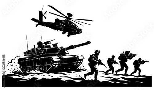 Photos Combat troop silhouette with military tank and helicopter flat vector illustrati