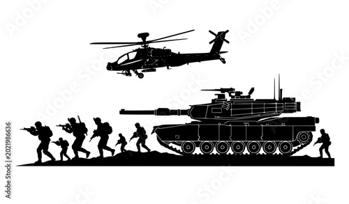 Tableau sur toile Military operation silhouettes with tank helicopter and soldiers flat vector ill
