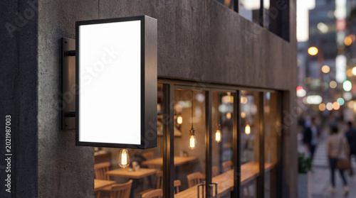 Minimalist Coffee Shop with Empty Square Signage Mockup on City Street