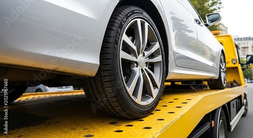 Silver car on yellow tow truck vehicle