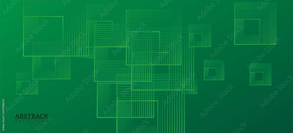 Fototapeta premium Abstract gradient green background with shining lines waves, transparent square frames, luminous layered corners, emerald green palette.