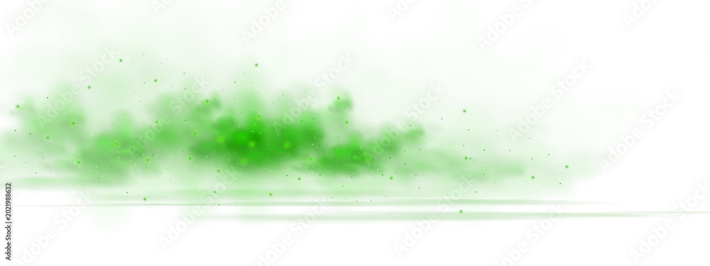 Fototapeta premium Halloween smoke and floor cloud smell effect background. Magic fog with sparkle light and toxic powder as transparent png. Night emerald steam with glitter spread and dynamic hazy vapor mist