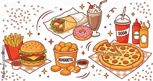Cuadro en lienzo Fast food doodle illustration set with hamburger french fries pizza chicken nugg