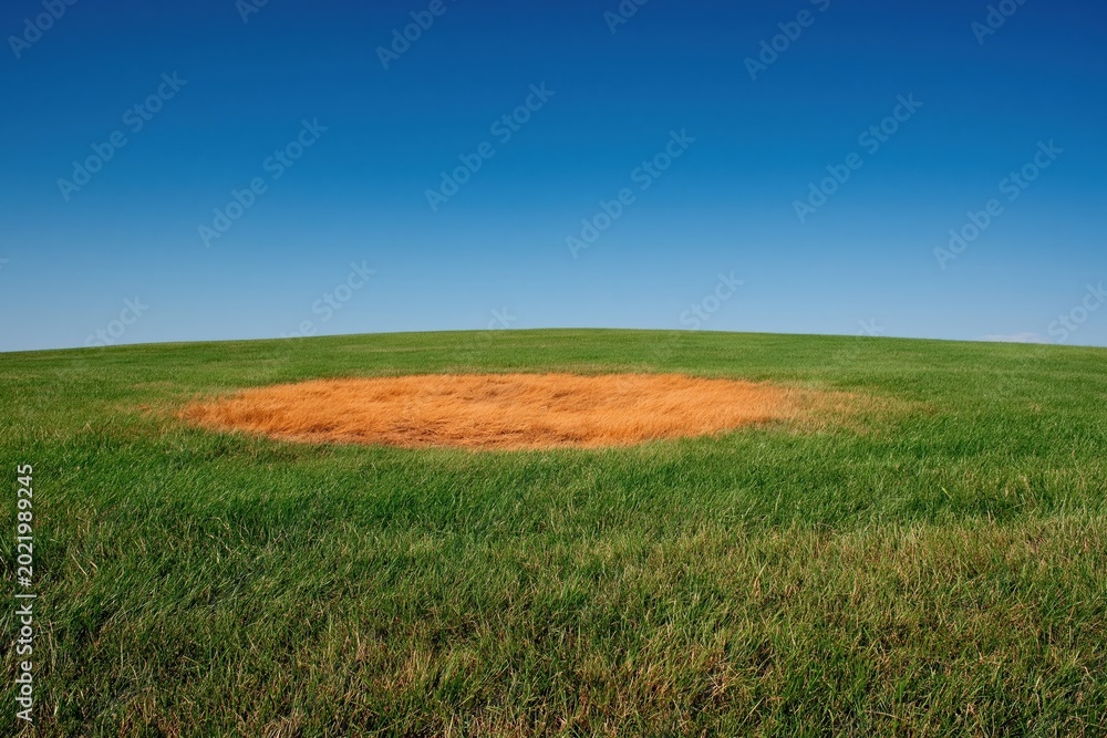 Fototapeta premium Vibrant green rolling hill under a clear blue sky with a circular patch of dry, orange grass