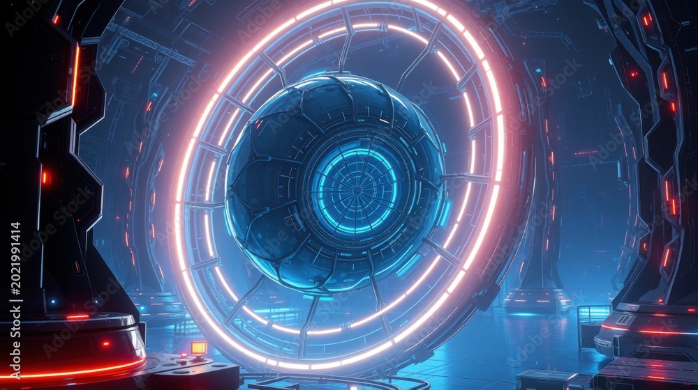 Fototapeta premium Futuristic interior, glowing rings dominate space. Blue, red lights create dramatic effect. Metallic textures suggest advanced technology.
