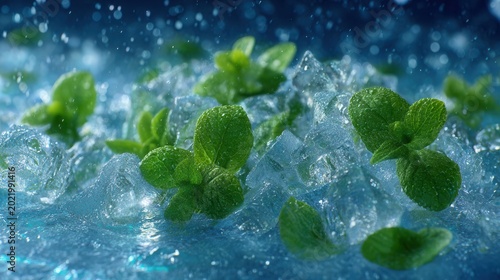close-up of crushed ice with fresh mint leaves and water droplets, refreshing beverage concept, shallow depth of field emphasizing icy texture and sparkle, photorealistic food photography