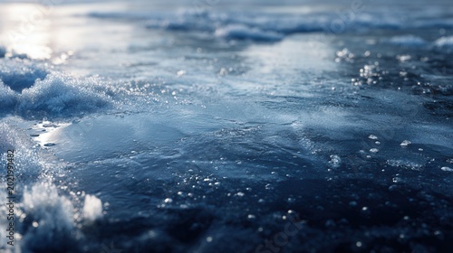 close-up of frozen lake surface with trapped air bubbles beneath transparent ice, dramatic natural textures and cold blue reflections, photorealistic nature photography, ultra high detai
