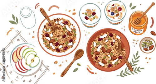 Obraz na plátne Healthy breakfast granola flat lay vector illustration with muesli bowls yogurt