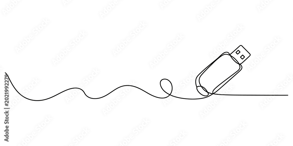 Obraz premium Continuous line drawing Minimalist USB flash drive, simple line drawing, electronic accessory, modern design