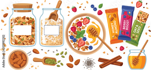 Obraz na płótnie Healthy breakfast granola vector illustration set with glass storage jars energy
