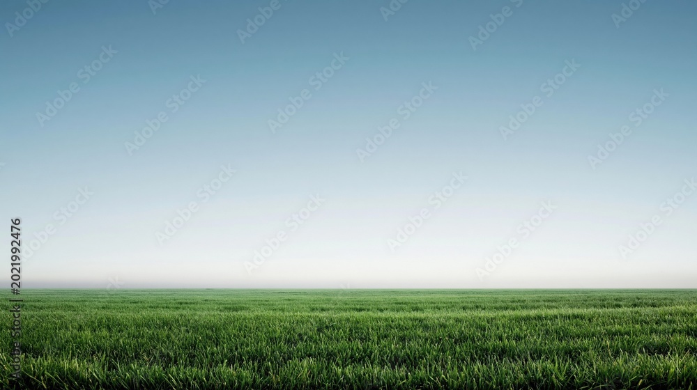 Fototapeta premium Expansive Green Grass Field Under a Clear Blue Sky, Vast Horizon Landscape Scene