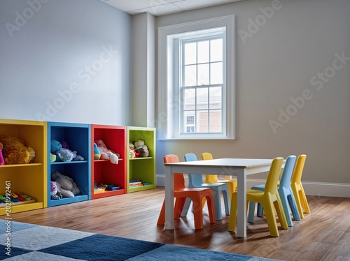 Bright and colorful playroom with toys, small table, and chairs for children's learning and development