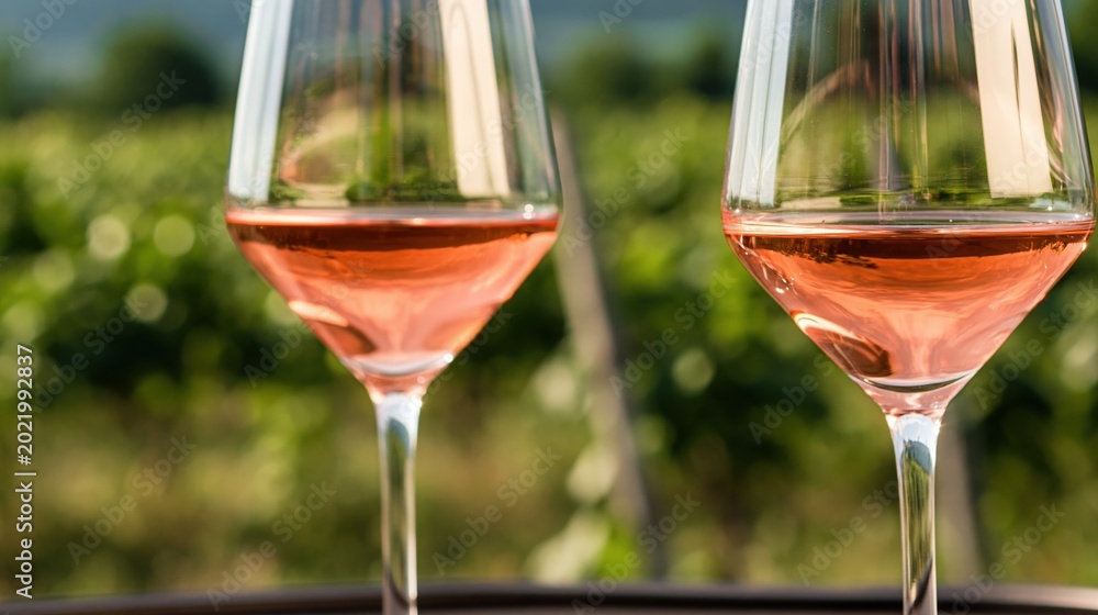 Obraz premium Two Elegant Wine Glasses Filled With Refreshing Pink Rosé Wine, Set Against a Blurred Vineyard Landscape