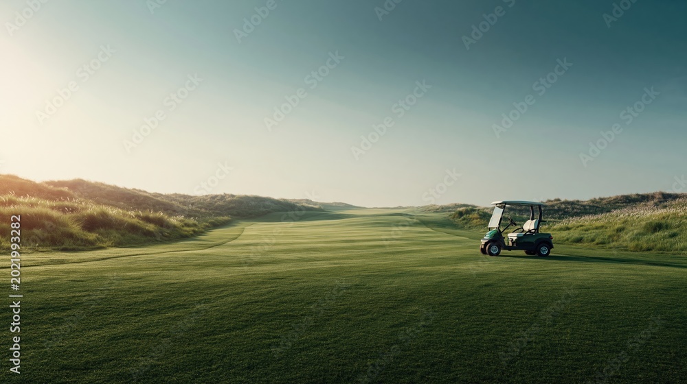 Fototapeta premium Serene golf course fairway with a lone golf cart under a clear sky at sunrise