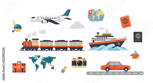 Vibrant travel and transportation icons including airplane, train, ship, car, and luggage on white background