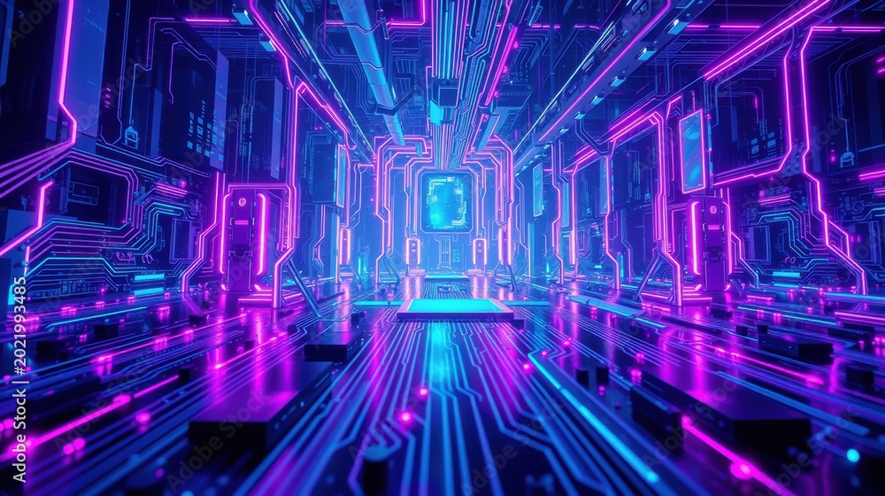 Fototapeta premium Futuristic corridor glows with vibrant neon lights. Complex circuitry forms walls, floor, creating immersive digital space.