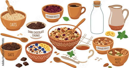 Tableau sur toile Healthy oatmeal and muesli breakfast vector set with bowls oats cranberries dark