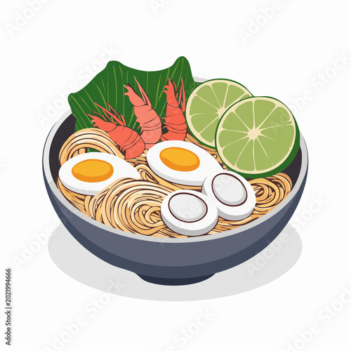 Bowl of Ramen Noodles with Shrimp and Egg