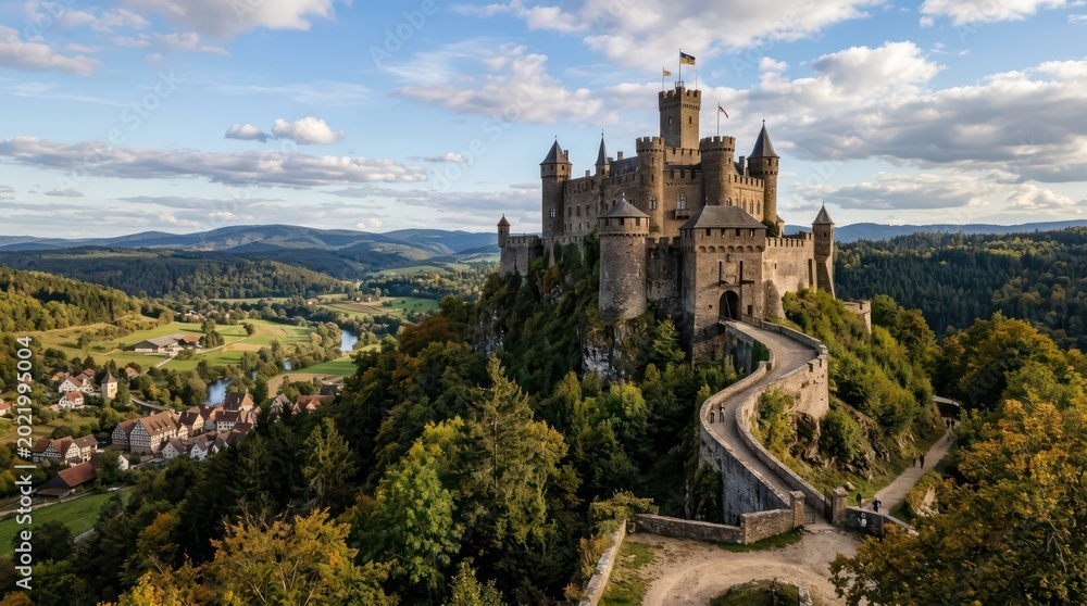 Obraz premium Majestic Medieval Castle Perched on Hilltop Overlooking Lush Green Valley.