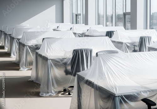 Rows of office workstations and chairs are shrouded in white plastic dust sheets during a renovation or moving process in a bright room, beginning, modern, real estate