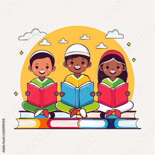 Children Reading Books Sitting on Stack of Books