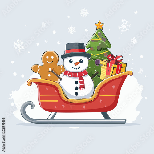 Christmas Sleigh with Snowman, Gingerbread Man, Tree, and Gifts