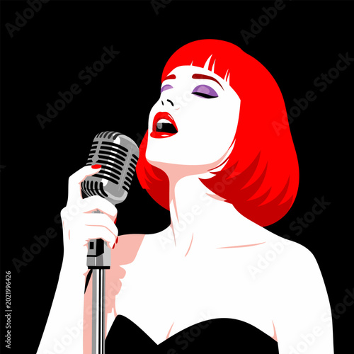 Photos Vintage Style Singer Vector Illustration with Red Hair and Microphone on Black B