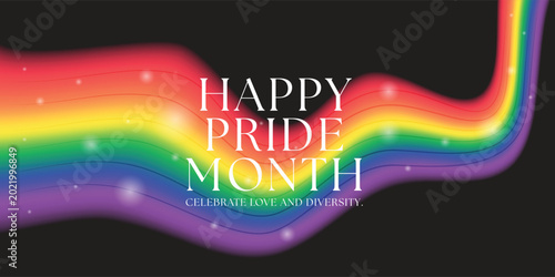 Happy pride month, celebrate love and diversity text on abstract long waving rainbow lgbtq flag and white light star around on black background vector design