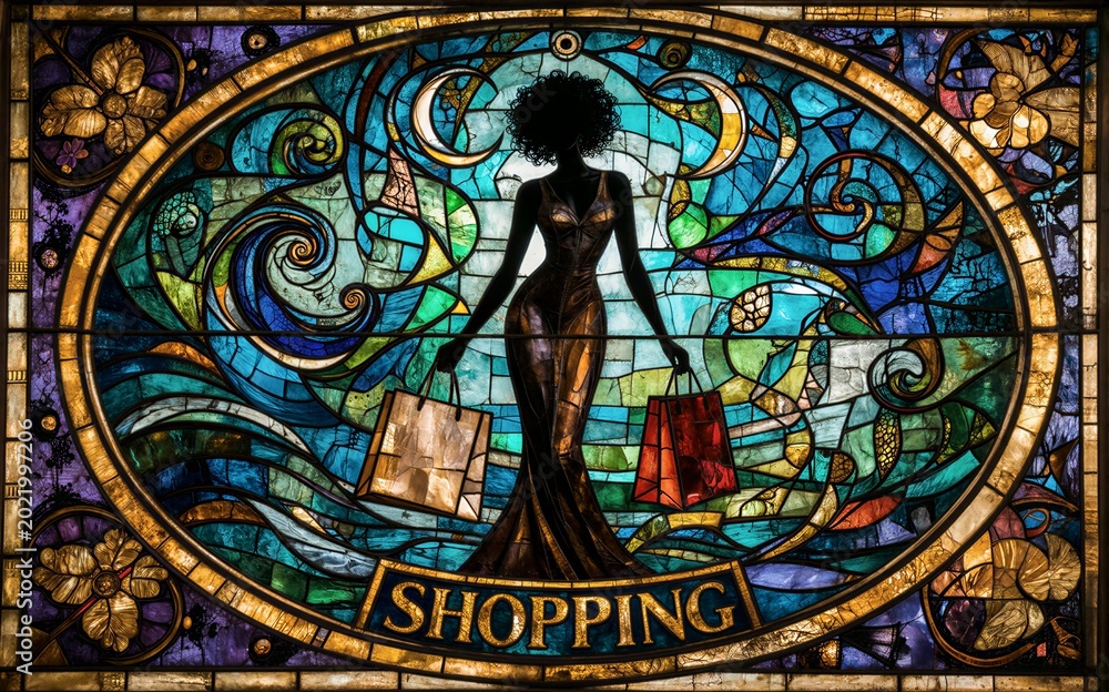 Obraz premium Stained glass art of a shopping woman with bags vibrant colors and