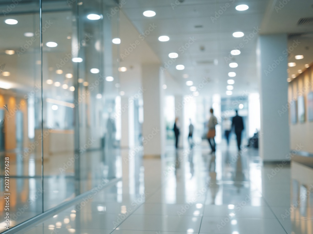 Fototapeta premium Blurred modern office interior hallway with people walking, bright lights, and reflective floor