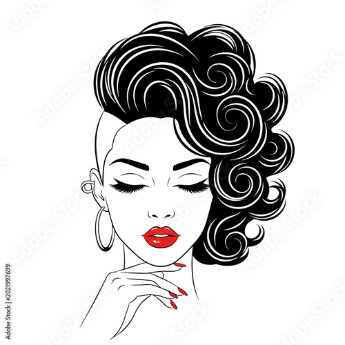 Quadro su tela Glamorous Woman With Elaborate Hairstyle And Red Lipstick Vector Illustration Fo
