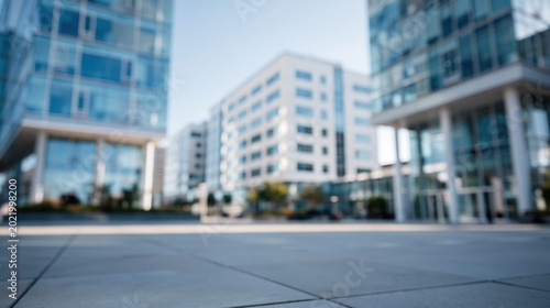 Modern Commercial Office Buildings in a Business District with Glass Facades and Outdoor Plaza