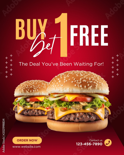 Fast food promotion, buy one get one free deal, hamburger advertisement, restaurant discount offer