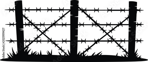 Fotografie Rustic barbed wire fence silhouette, rural security barrier countryside boundary