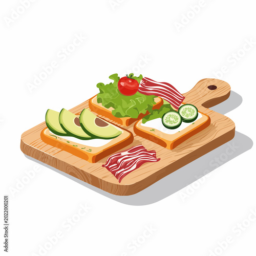 Assortment of Sandwiches with Avocado, Bacon, and Vegetables on Cutting Board