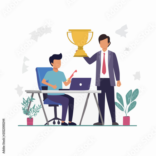 Business Success Celebration with Trophy and Laptop